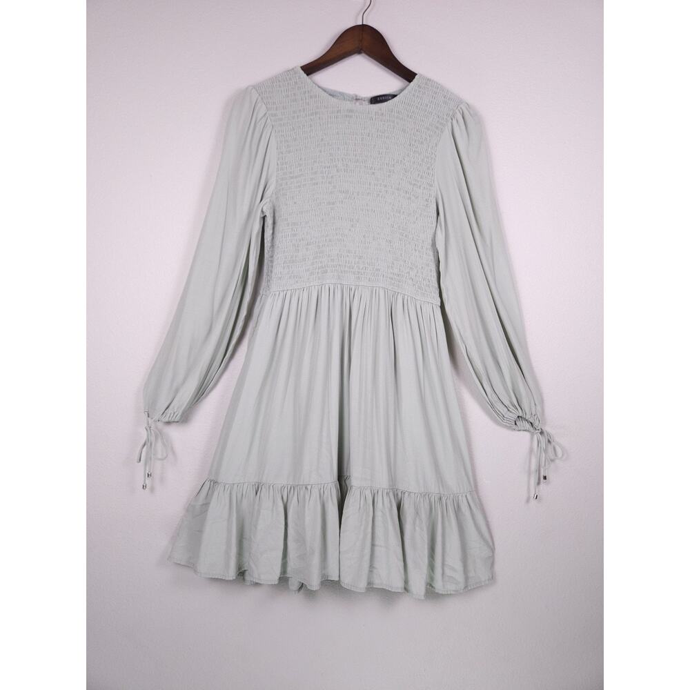 ZESICA Size L Smocked Long Sleeve Ruffle Hem Dress Light Sage Green